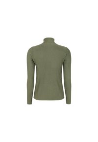 Ripp Strick, langärmliges Turtleneck-Oberteil in olivgrün. Verfügt über ein enges Design und einen strukturierten Stoff mit hohem Kragen.