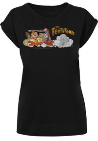 Juodas marškinėlis su spalvingu spausdiniu, vaizduojančiu „The Flintstones“ animacinius personažus, sukurtas su sukurtomis rankovėmis ir laisvu pajamumu.