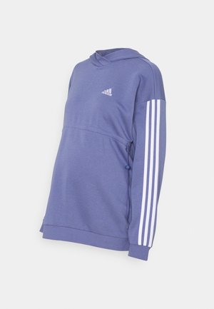 Sweat à capuche Adidas violet clair avec trois bandes blanches sur les manches, petit logo sur la poitrine et lien de serrage réglable sur le côté.