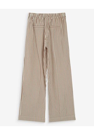 Pantalones de pierna ancha con rayas verticales marrones y blancas, cintura elástica y dos bolsillos de ojal en la parte trasera, sobre un fondo liso.