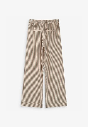 Pantaloni a gamba larga a righe verticali marroni e bianche con vita elastica e due tasche a filetto posteriori su sfondo uniforme.