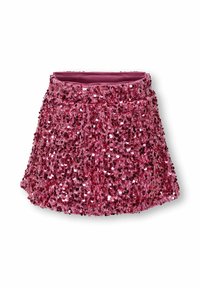 Vaaleanpunainen paljettiminihame, jossa on teksturoitu pinta, pehmeä ja joustava vyötärönauha sekä hulmuava siluetti lisäämään liikkuvuutta.