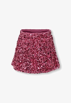 Pink sequin mini skirt with a textured surface, featuring a soft, elastic waistband and a flared silhouette for added movement.