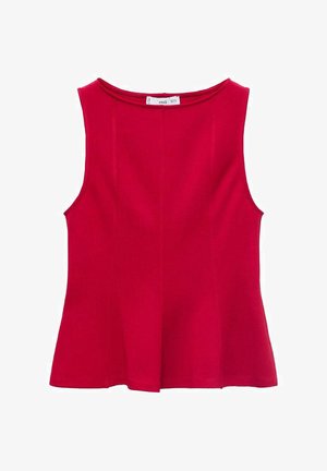 Rdeča brezrokavna majica iz gladkega materiala, z okroglim izrezom in razširjenim robom ter vertikalnimi šivi.