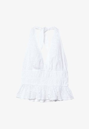 Hvid halterneck top lavet af tekstureret stof med broderie anglaise mønster, der har en flæsekant og justerbar bindebånd i nakken.