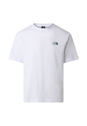 White short-sleeve cotton T-shirt with a small green The North Face logo on the left chest.