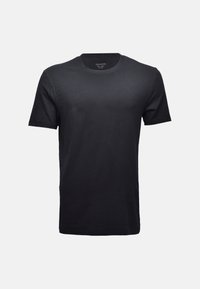 T-shirt noir à manches courtes avec col ras du cou, design uni, ourlet droit, tissu doux, présenté sur un fond gris clair neutre.