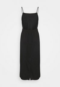 Robe noire midi avec de fines bretelles spaghetti, une taille ajustable par cordon de serrage et une fente devant. Tissu lisse et design minimaliste.