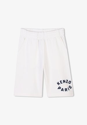 Shorts bianchi in cotone con elastico in vita, dotati di due tasche laterali e una decorazione ricamata in blu marine "KENZO PARIS" sulla parte anteriore.