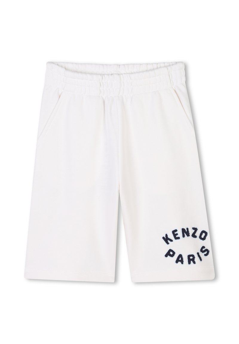 Witte katoenen shorts met een elastische tailleband, voorzien van twee zijzakken en een marineblauwe geborduurde "KENZO PARIS" ontwerp aan de voorkant.