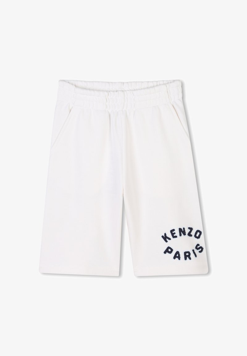 Witte katoenen shorts met een elastische tailleband, voorzien van twee zijzakken en een marineblauwe geborduurde "KENZO PARIS" ontwerp aan de voorkant.
