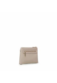 Lichtbeige leren pouch met textuurafwerking, voorvak met rits en hardware in goudkleur. Compact rechthoekig formaat.