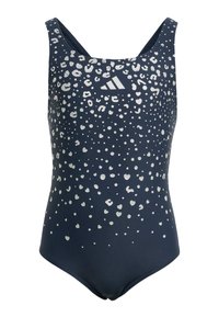 Maillot de bain une pièce navy avec imprimé léopard argenté, dotée de larges bretelles et d'un col en U. Fabriqué en tissu extensible.