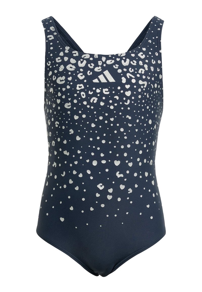 Maillot de bain une pièce navy avec imprimé léopard argenté, dotée de larges bretelles et d'un col en U. Fabriqué en tissu extensible.