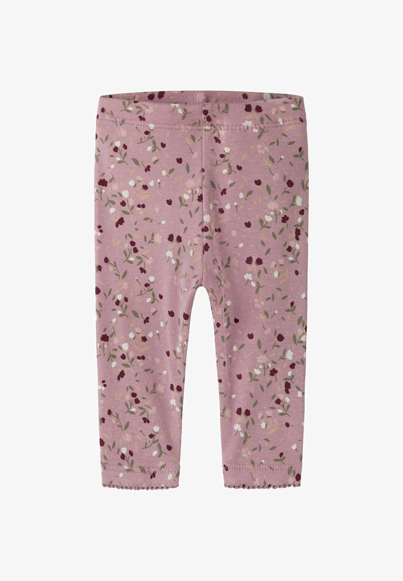 Leggings roses pour tout-petits avec un petit motif floral blanc, bordeaux et vert sur toute la surface, avec un ourlet festonné aux chevilles.
