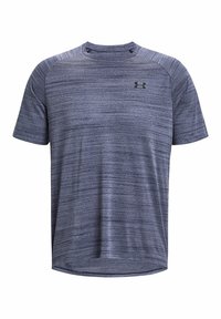 Kurze Ärmel Sportshirt aus meliertem navy Stoff, mit Rundhalsausschnitt, glatter Textur und kleinem schwarzen Logo auf der linken Brust.