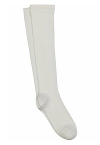 Calcetines blancos hasta la rodilla hechos de un tejido suave y liso. Tienen un diseño acanalado en la parte superior y una puntera sin costuras para mayor comodidad.