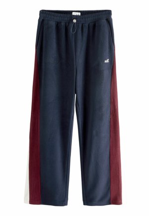 Navy blue fleece sweatpants with maroon and white side panels. Features an elastic waistband and a drawstring for adjustment.