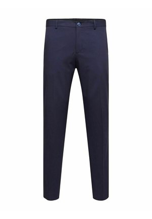 Pantalon bleu marine en tissu lisse, présentant une coupe droite, des lignes épurées, une fermeture à bouton et un léger pli avant.