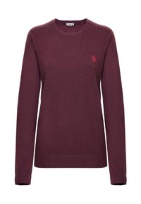 Maglione a maglia bordeaux con maniche lunghe, collo a giro e polsini a coste. Presenta un piccolo logo ricamato sul petto. Texture morbida.
