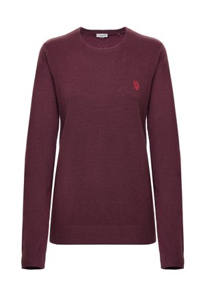 Maglione a maglia bordeaux con maniche lunghe, collo a giro e polsini a coste. Presenta un piccolo logo ricamato sul petto. Texture morbida.