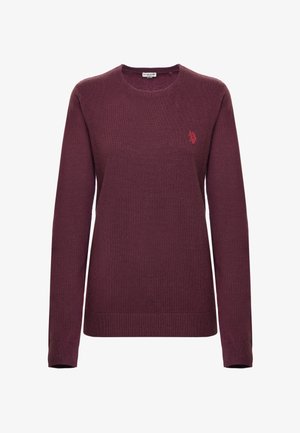 Maglione a maglia bordeaux con maniche lunghe, collo a giro e polsini a coste. Presenta un piccolo logo ricamato sul petto. Texture morbida.