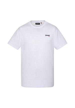 Witte katoenen t-shirt met korte mouwen. Heeft een klein, marineblauw logo op de linkerborst. Klassieke ronde hals en rechte snit.