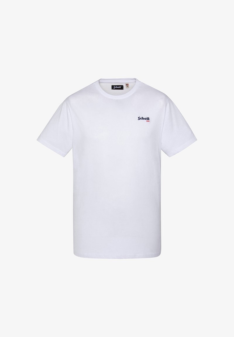 Biała bawełniana koszulka z krótkim rękawem. Posiada małe, granatowe logo na lewej piersi. Klasyczny okrągły dekolt, prosty krój.