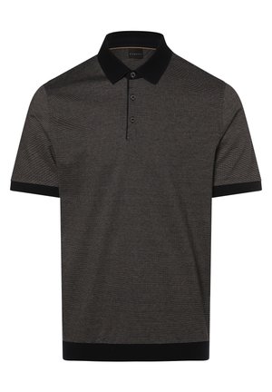 Polo à manches courtes texturé noir et gris avec col noir, patte de boutonnage à trois boutons et finitions noires aux manches et à l'ourlet.