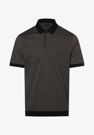Polo de manga corta texturizado en negro y gris con cuello negro, tapeta de tres botones y ribete negro en las mangas y el dobladillo.