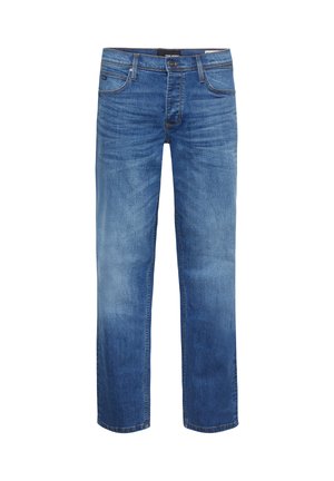 Lys blå denimjeans med en falmet finish, rett snitt, fem-lomme design og glidelås. Har brune sømmer og en logo-patch.