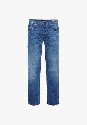 Jasnoniebieskie dżinsy z denimu o wyblakłym wykończeniu, prostym kroju, pięciu kieszeniach i zamkiem błyskawicznym. Posiadają brązowe przeszycia oraz naszywkę z logo.