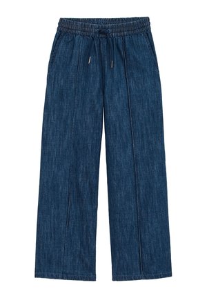 Blå vidbenede jeansbukser med elastisk talje og snøre foran, med vertikale sømdetaljer og sidelommer.