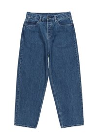 Blue denim jeans with a relaxed fit, featuring five pockets, button closure, and a straight leg design. Slight texture visible.