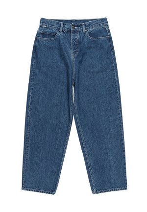 Blue denim jeans with a relaxed fit, featuring five pockets, button closure, and a straight leg design. Slight texture visible.