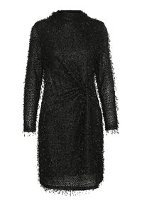 Schwarzes Kleid mit strukturiertem Design aus gewebten Fäden und Fransen. Lange Ärmel und ein akzentuierendes, gedrehtes Vorderteil.