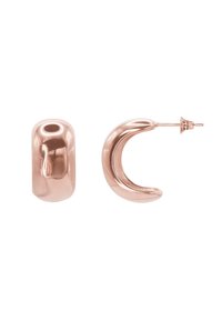 Boucles d'oreilles créoles en or rose avec deux designs : une forme ronde et une forme croissante. Surface lisse et brillante avec une finition polie. Convient pour des piercings.