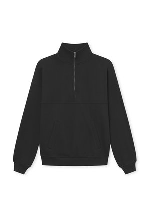 Black pullover sweatshirt with a high collar and half-zipper, featuring a front pocket and ribbed cuffs. Soft texture and relaxed fit.