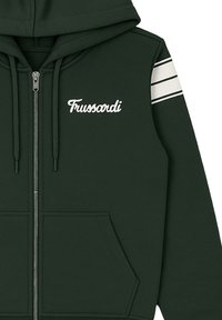 Felpa verde con zip, strisce bianche sulle maniche, logo "Frussardi" ricamato e tasche anteriori. Tessuto morbido.