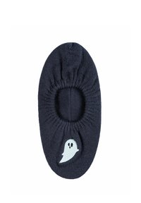 Calzini scivolosi di colore blu scuro con design a fantasma. Realizzati in morbido materiale lavorato a maglia, presentano un'apertura elasticizzata e una superficie liscia.