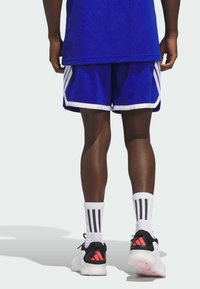 Blaue Sportshorts mit weißem Trim, kombiniert mit weißen Socken mit schwarzen Streifen und schwarzen/roten Schuhen. Der Fokus liegt auf einem sportlichen Design.