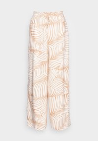 Lightweight, loose-fit pants with a tropical leaf pattern in beige and white; features an elastic waistband and drawstring.