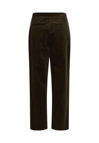 Pantalon en velours côtelé marron foncé vu de dos, avec deux poches passepoilées boutonnées et une coupe droite.
