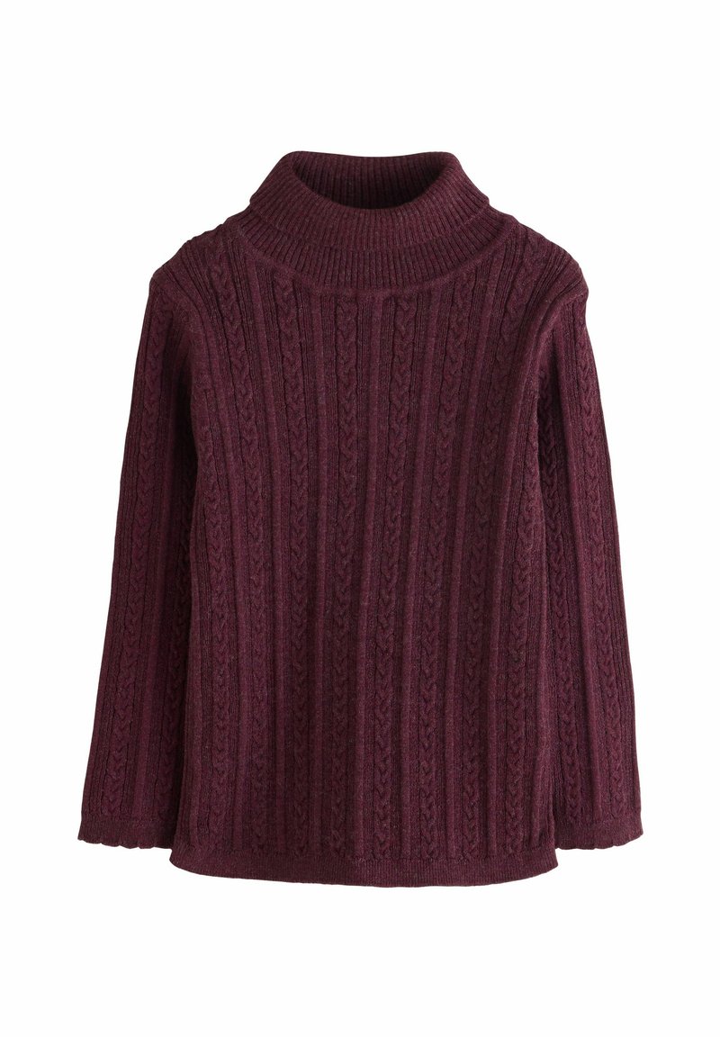 Pull à col roulé torsadé bordeaux avec manches longues et col, poignets et ourlet côtelés.
