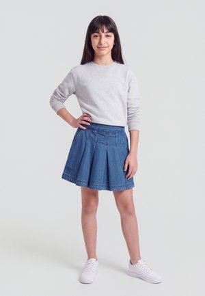 Jeune fille aux longs cheveux foncés, portant un sweat-shirt gris clair, une jupe plissée bleue et des baskets blanches, debout avec une main sur la hanche.
