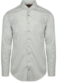 Lichtgrijs lange mouwen shirt met een knoopsluiting aan de voorkant, subtiele textuur en een afgeronde zoom. Voorzien van standaard kragen en zilveren knopen.