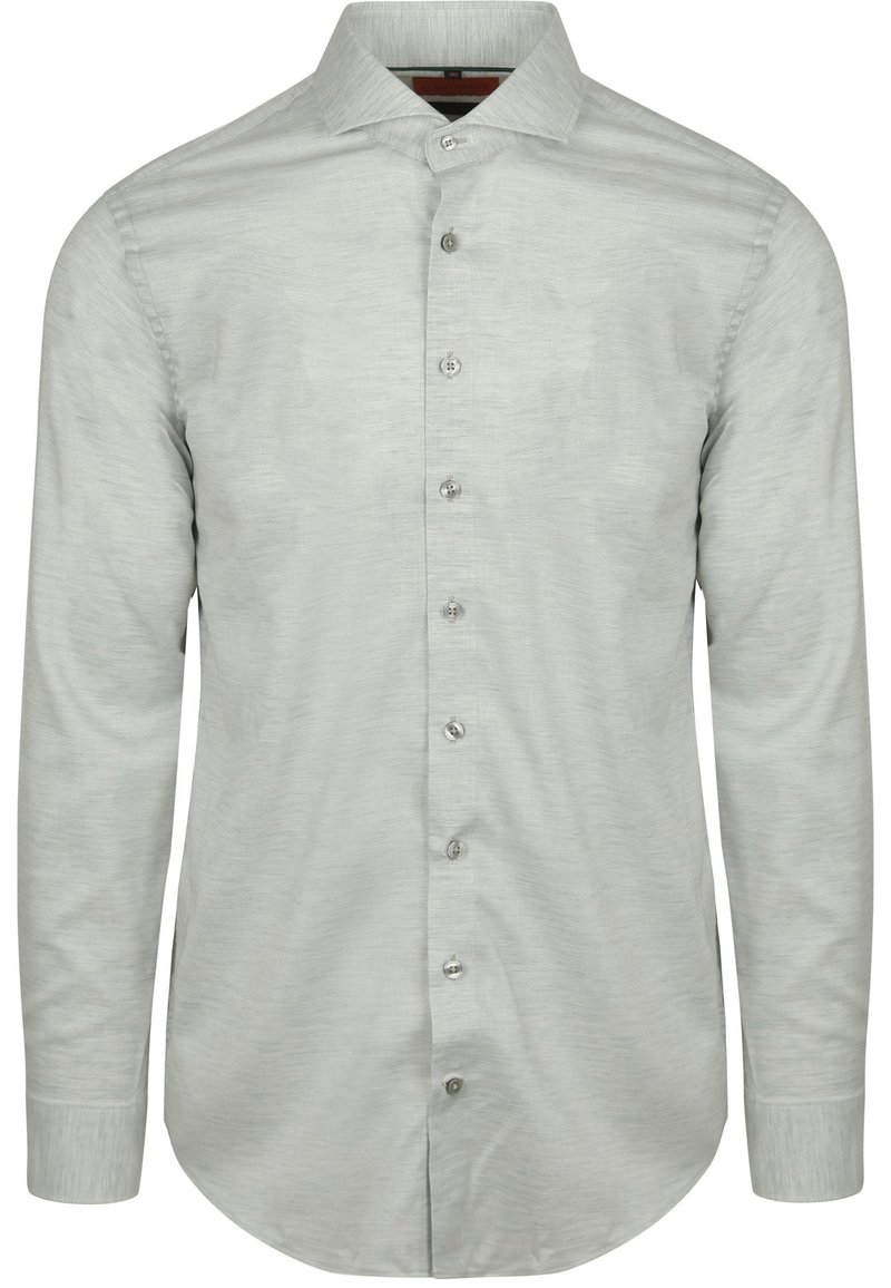 Lichtgrijs lange mouwen shirt met een knoopsluiting aan de voorkant, subtiele textuur en een afgeronde zoom. Voorzien van standaard kragen en zilveren knopen.