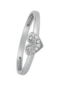 Bague en argent avec un motif en forme de cœur orné de plusieurs petites pierres claires. Anneau lisse avec une finition polie.