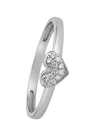 Bague en argent avec un motif en forme de cœur orné de plusieurs petites pierres claires. Anneau lisse avec une finition polie.