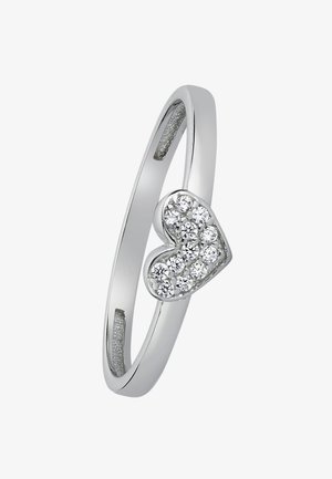 Bague en argent avec un motif en forme de cœur orné de plusieurs petites pierres claires. Anneau lisse avec une finition polie.